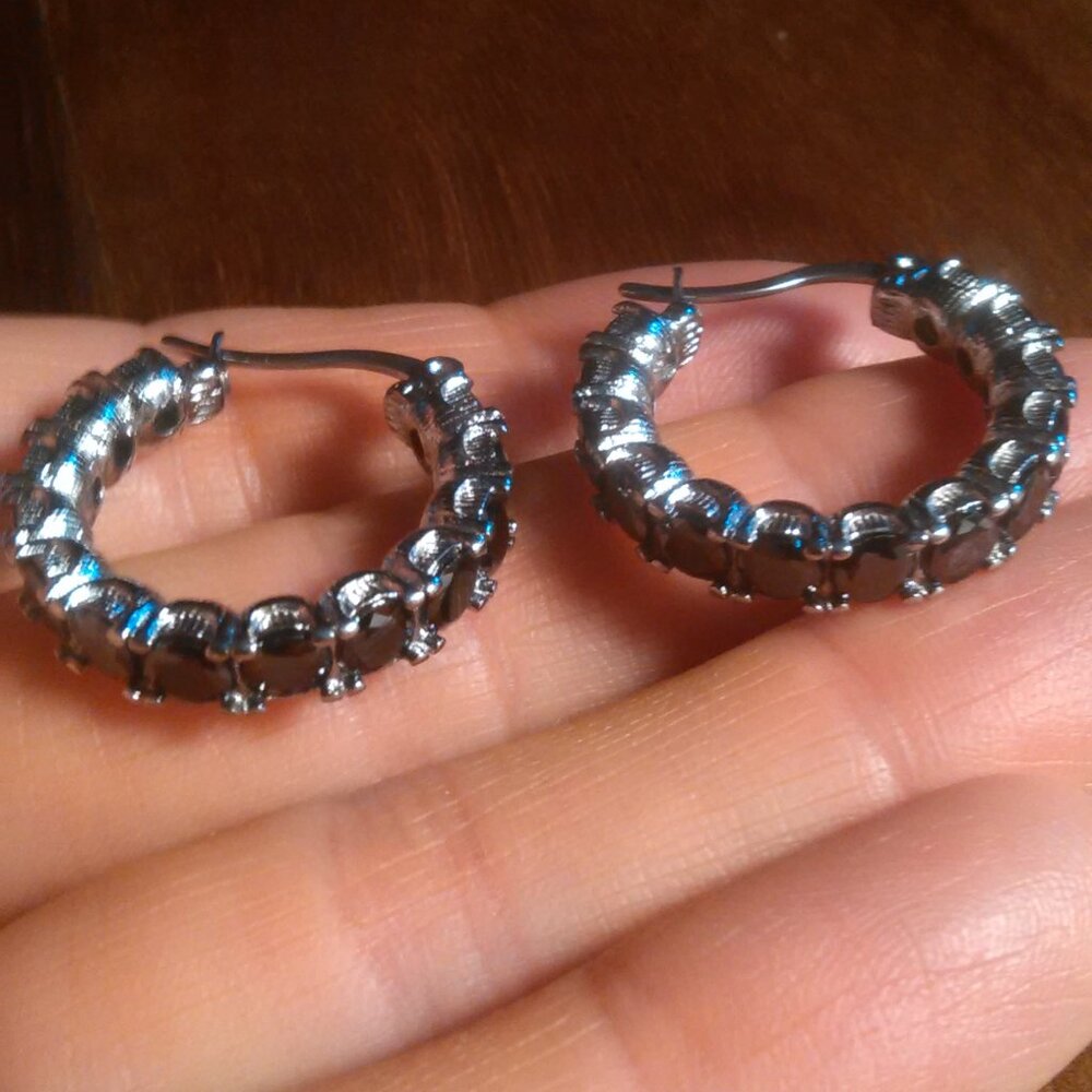 Simulated Black Diamond Stainless Steel Hoop Earrings